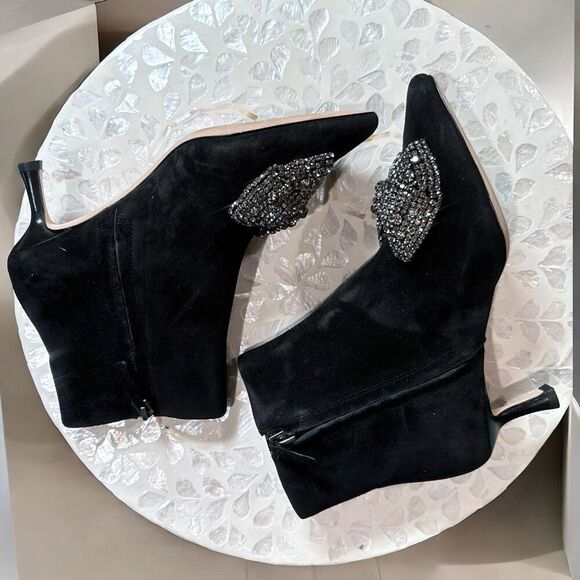 Tory Burch $498 Embellished Crystal Bow Leather Suede Ankle Booties Boots Shoes - Picture 9 of 15